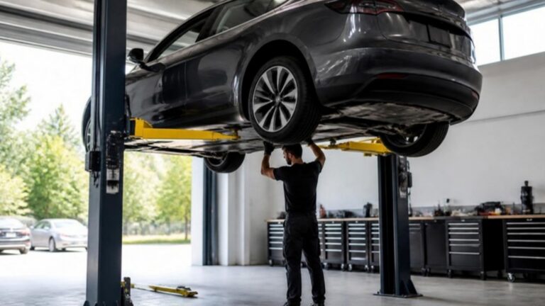 A dark sedan raised on a service lift while a mechanic inspects its underside